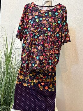 LuLaRoe Navy Floral Print Two-Piece Set with Teal, Red & Yellow Accents